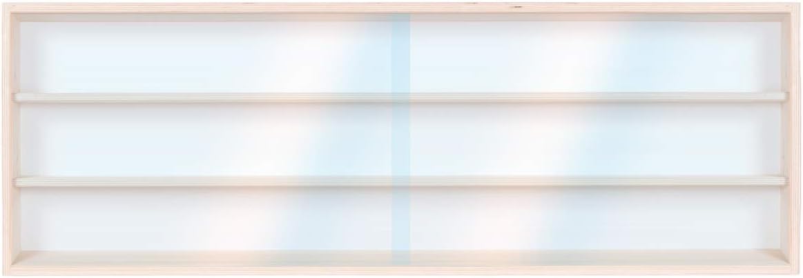 V100.3a Wall Showcase Display Cabinet | 39.4' x 11.8' x 3.3' | 100 x 30 x 8,5 cm | Untreated Birch Wood | 2 clear sliding Plexiglas doors | 3 Shelves | With Grooves | N and H0 scale