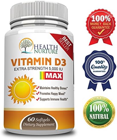 HEALTH NURTURE Vitamin D3 Maximum Strength 5,000 IU - The Best Vitamin D3 Supplement - Supports Healthy Muscle Function, Bone Health, Prostate, Dental and Immune Support, Gluten Free & Non-GMO
