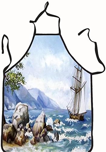 chanrancase tailored apron oil painting sea views wallpaper with ship an Children, unisex kitchen apron, adjustable neck for barbecue 17.7x26.6+10.2(neck) INCH