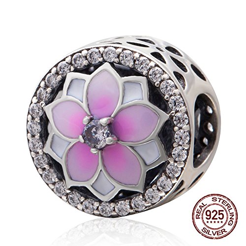 Fit DIY Charms Magnolia Bloom Charm, Pale Cerise Enamel & Pink CZ 925 Sterling Silver Bead Bracelet