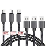 Micro USB Cable,[10ft3Pack] by Ailun,High Speed 2.0 USB A Male to Micro USB Sync & Charging Nylon Braided Cable for Smartphone Tablets Wall and Car Charger Connection[Silver&BlackGrey]