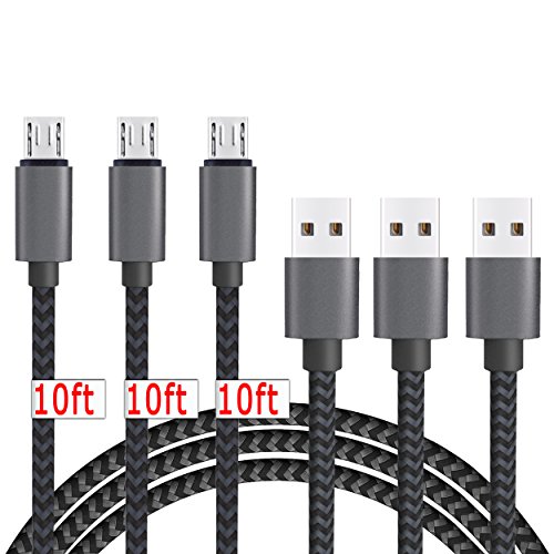Micro USB Cable,[10ft3Pack] by Ailun,High Speed 2.0 USB A Male to Micro USB Sync & Charging Nylon Braided Cable for Smartphone Tablets Wall and Car Charger Connection[Silver&BlackGrey]
