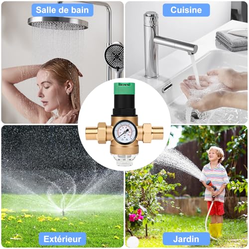 Diealles Shine 3/4" Water Pressure Reducer Pressure Regulator with Pressure Gauge and Sieve Filter Pressure Reducing Valve Brass Pressure Regulator for Homes Buildings