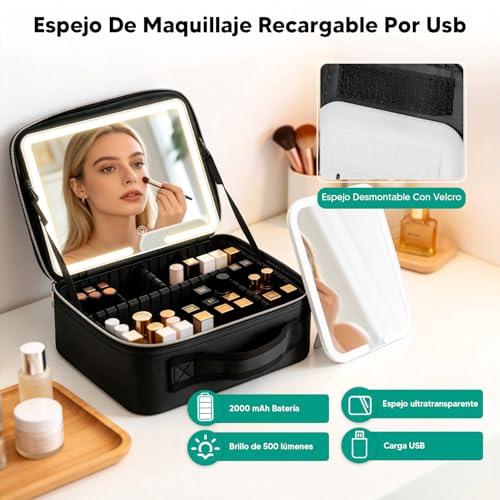RAMSPIT Bolsa De Maquillaje Con Espejo y Led, Estuche De Maquillaje Con Lupa De 10X, Neceser Maquillaje, 3 Colores De Luz y Ajustes De Brillo, Compartimentos Ajustables DIY, Cosmetiquera De Viaje