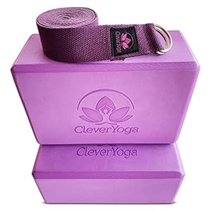Clever Yoga Blocks and Strap Set 2 Pack Yoga Blocks Light Weight High Density Foam 9x6x4 Inches and 8 Foot Thick Cotton Yoga Strap for Beginners and Advanced Yogis Supports All Poses and Flexibility