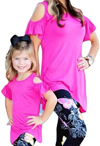 Lazylate Family Matching Shirts Outfits Clothes Mother Daughter Cold Open Shoulder Loose Tunic Tops for Leggings (M, Rose Red/Mom)