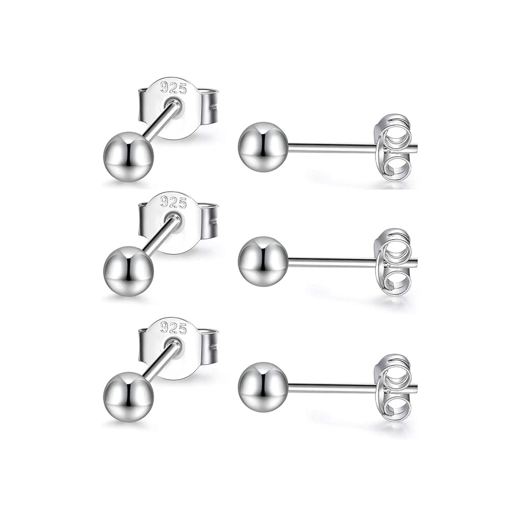 PRETTERY Silver Stud Earrings for Women, 925 Sterling Silver 3 Pair 3mm Round Ball Stud Earrings Set