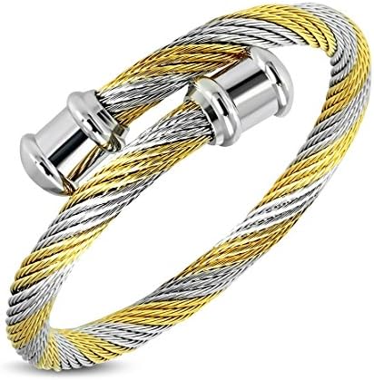Stainless Steel 2-tone Celtic Twisted Cable Wire Tube Torc Cuff Bangle Length: 1.7532"