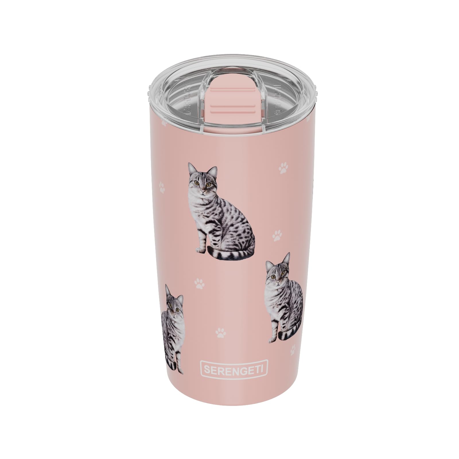 SERENGETI Tabby Cat 20 Oz. Stainless Steel, Vacuum Insulated Tumbler with Spill Proof Lid - 3D Print - Insulated Travel mug for Hot or Cold Drinks (Tabby Silver Cat Tumbler)