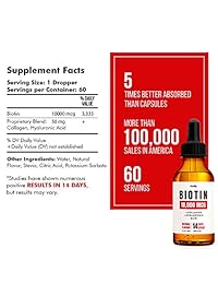 Biotin 10000 mcg - Hair Growth Vitamins - Includes Collagen and Hylauronic Acid - Organic and Natural Skin and Nails Vitamins - Liquid Oil Drops Against Hair Loss