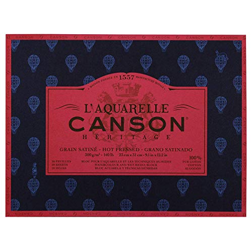 Canson Heritage Watercolour Pad, Sticks, 4 Sides, 20 Sheets, Satin Grain Satin finish 23 x 31 cm