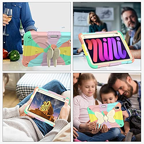 Silicon Case for iPad Mini 6 2021, iPad Mini 6th Generation Case for Kids, Cute Butterfly Wings Kickstand, with Shoulder Strap/ Pencil Holder Shockproof Cover for iPad Mini 6 8.3 inch (Colorful Pink)