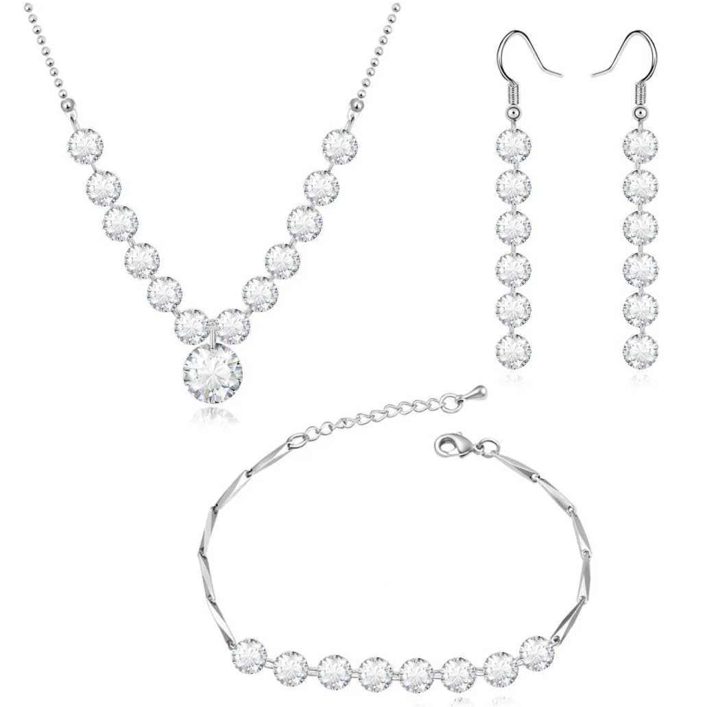 Crystalline Azuria Women 18ct White Gold Plated White Zirconia Crystals Wedding Set Strand Necklace Dangle Earrings Bracelet
