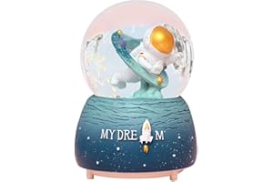 LIFENANNY Rocket Astronaut Musical Snow Globe, 100mm Resin Decorative Table Top Snow Globe with Colorful Lights & Automatic Snowflakes for Home Décor (Blue)