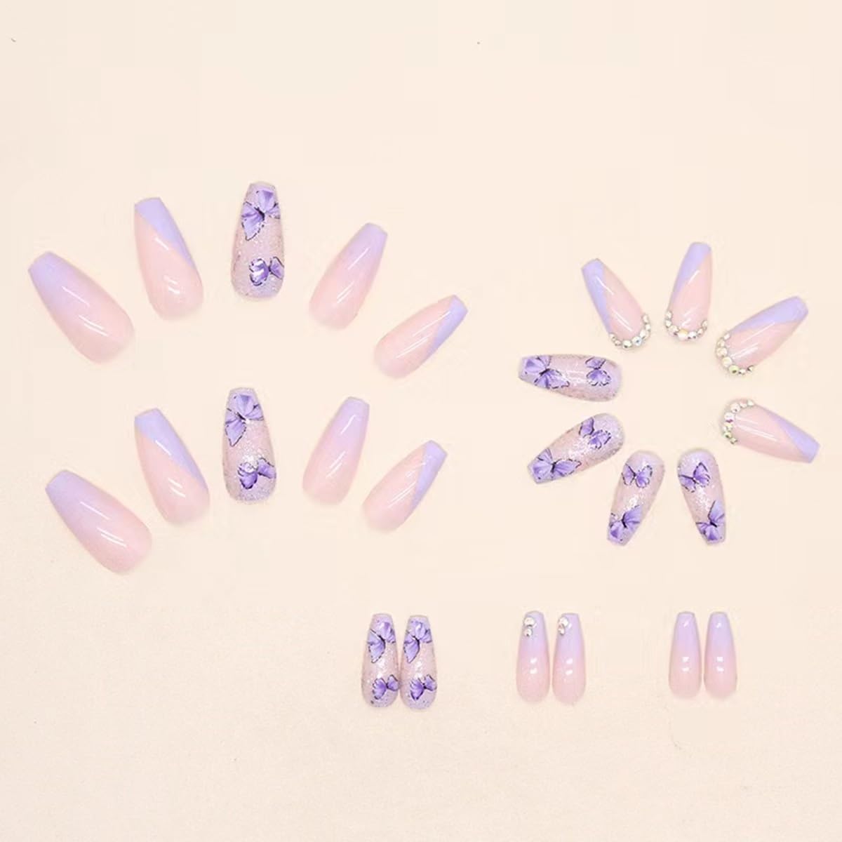 Purple Press on Nails Medium Coffin Fake Nails Butterfly False Nails with Glitter Rhinestone Design Stick on Nails Glossy Acrylic Glue on Nails Ombre Artificial Nails for Women Manicure 24PCS - Image 4