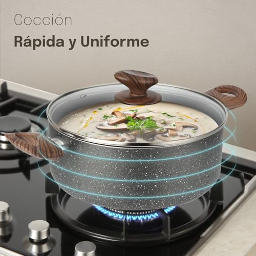 M MELENTA juego de ollas y sartenes antiadherentes, juego de ollas de granito, bateria de cocina antiadherente 18 piezas, ollas de cocina de aluminio, color gris