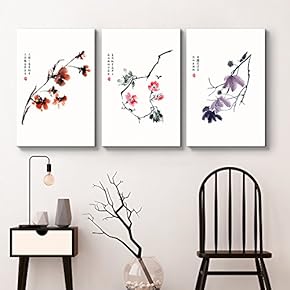 3 Panel Red Pink Purple Flowers with Chinese...