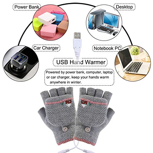 USB Heated Gloves, Mitten Winter Warm Laptop Gloves for Women Men Full & Half Hands Heated Fingerless Heating Knitting Hands Warmer (Women Grey) - Thumbnail 3