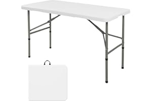 HAISIWLKJ Folding Table 4FT Camping Table Portable Heavy Duty Plastic Rectangular Outdoor Dining Table Steel Legs Fold-in-Half with Carrying Handle for Indoor,Picnic,Party,Wedding,Events(White)