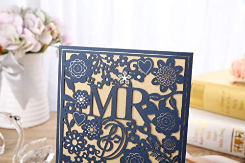 Gold Fortune 50PCS Blue Laser Cut Wedding Invitation Cards Kit with Hollow Flora Favors