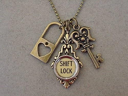 Bronze Typewriter key Necklace Shift LOCK and KEY Skeleton Key Necklace Keyhole Necklace