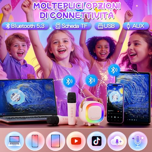 BNEHHOV Karaoke for Children, Mini Bluetooth Speaker with 2 Wireless Karaoke Microphones, Sing You Karaoke with LED Light and Voice Changing, Microphone Karaoke Games Girl Gift Games 3-12 Years