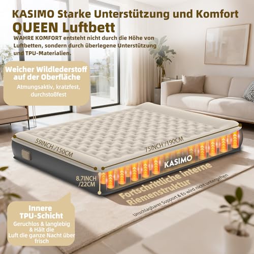 KASIMO TPU Air Mattress Self-Inflating, Air Bed for 2 People, Guest Bed with Integrated Electric Pump, Inflatable Mattress with Cushion, Air Mattress 190 x 150 x 22 cm for Guests at Home and Camping
