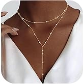 Luxval Lariat Silver Necklace for Women, Dainty Long Necklace Silver Y-Shaped Pendant Necklaces Trendy Beaded Chain Drop Necklaces Jewelry for Women Gifts