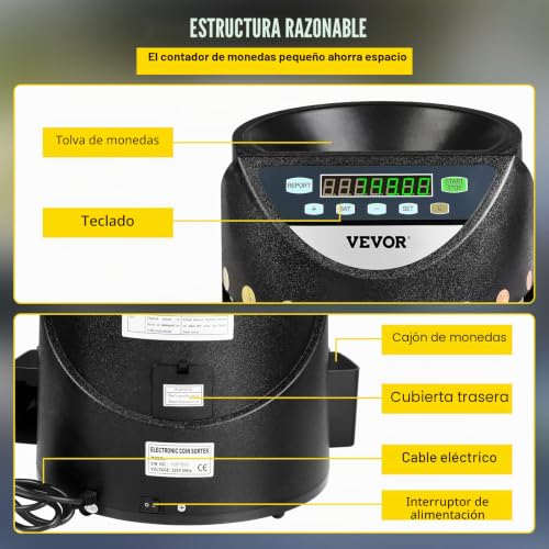 Contador de Monedas Euro Profesional, 300 PCS por Minuto, Clasificador de Monedas Pantalla LED de 7 Dígitos, Máquina Contar Monedas con 8 Cajas de Recolección de Alta Precisión