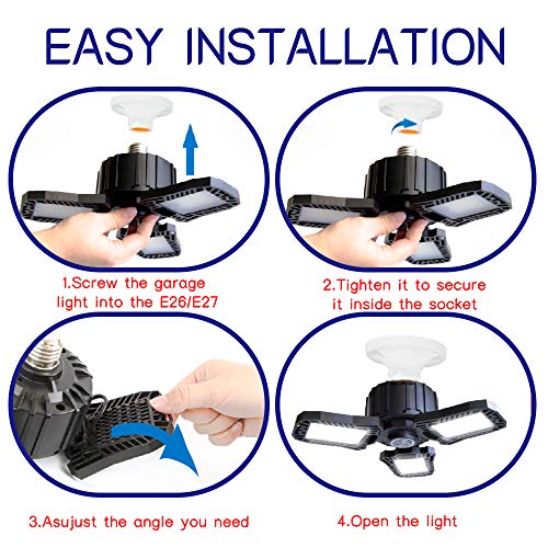 splumzer 1 Pack Garage Light, 60W LED Shop Lighting E26/E27 LED Garage Lighting with 3 Adjustable Panels LED Ceiling Lights for Garage, Basement, Workshop, Barn, High Bay Light