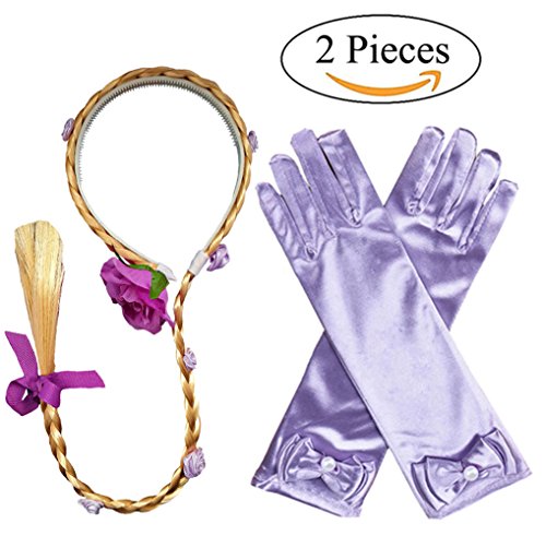 Yosbabe Princess Girls Rapunzel Long Hair Wig With Braid Gloves Dress up accessories (Purple)