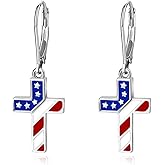 4th of July Earrings for Women 925 Sterling Silver American Flag Dangle Drop Earring Red White Blue Patriotic Star Cross Patriotic USA Holiday Jewelry Independence Day Gifts for Women Girls