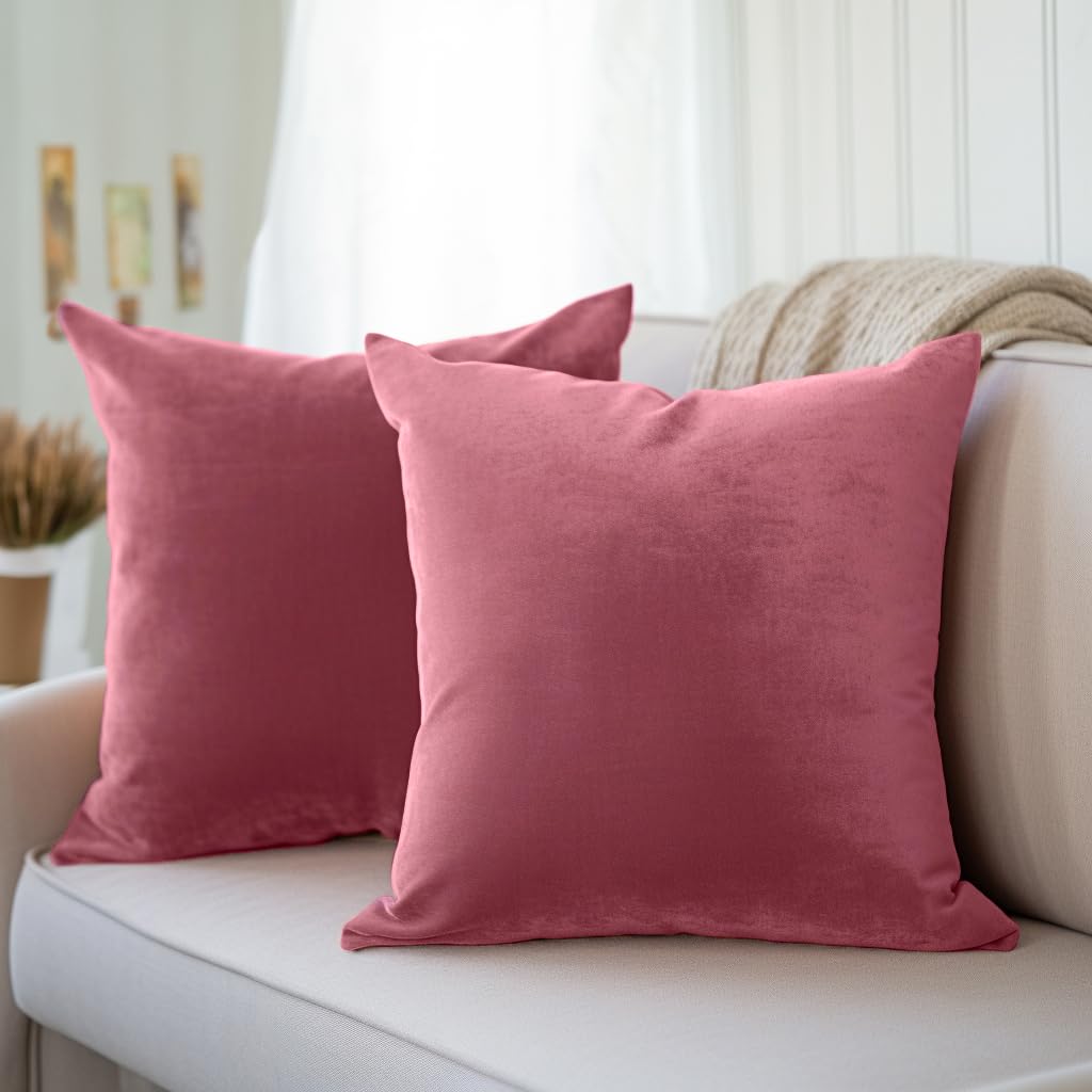 Encasa XO Velvet Cushion Covers (50x50 cm) Set of 02 | Pink | Luxurious Square Velvet Throw Pillow Covers With Invisible Zippers | Living Room, Sofa, Chair