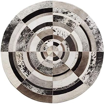 Modern Traditional Ivory White Stitching Round 1M/3'3Ft Cowhide Area Carpet Classic Geometric Cow Skin Rug Brown Living Room Sofa Tea Table Mats Or Children Crawling Carpet