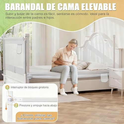 Meeyoga Barandal para Cama, Altura Ajustable para Cama, Levantamiento de un Solo Lado, con Bloqueo de Seguridad, para Todo Tipo De Colchones y Bases, con Accesorios de Instalación (1.8m)
