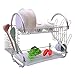 2-Tiers Rustproof Stainless Steel Metal Wire Medium Dish Drainer Drying Rack,Kitchen Plate Chopstick Cup Utensil Organizer Holder With Drip Tray (Stainless Steel, Chrome)