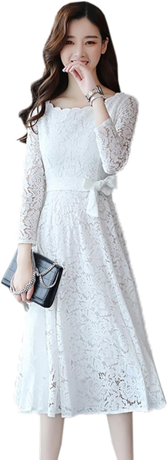 Amazon Co Jp G Raphy レディース ドレス ワンピース 長袖 リボン レース エレガント 結婚式 パーティー M ホワイト 服 ファッション小物