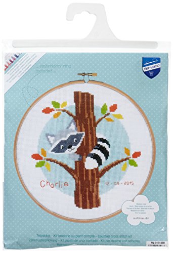 Vervaco PN-0151859 14 Count Round Raccoon in Tree Birth Record on Aida Counted Cross Stitch Ki, 8