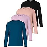 Real Essentials 4 Pack: Girls' Dry-Fit Long Sleeve Crew Neck T-Shirt - Athletic Activewear Soccer Top for Teens Kids Youth