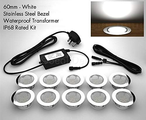 10 x 60mm LED Lights Deck / Decking / Kitchen Plinth White **Now with IP68 Waterproof Transformer** - Seal Designs