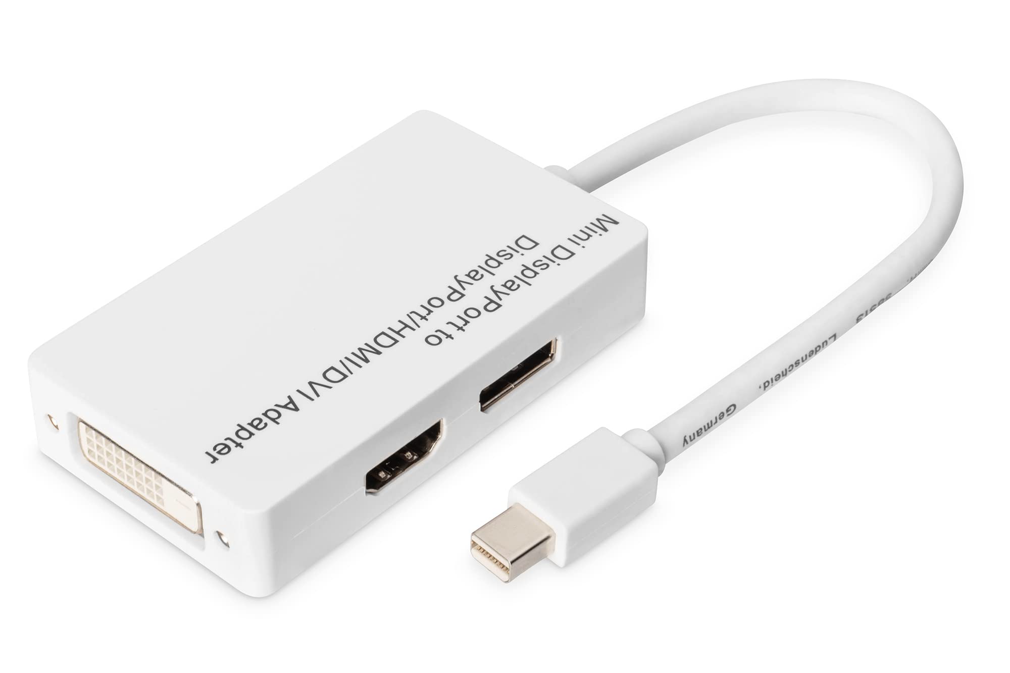 DIGITUS 0.2m DisplayPort Y-Splitter Cable, Mini DP Male to DP female with HDMI Type A Female and DVI-I Female - White