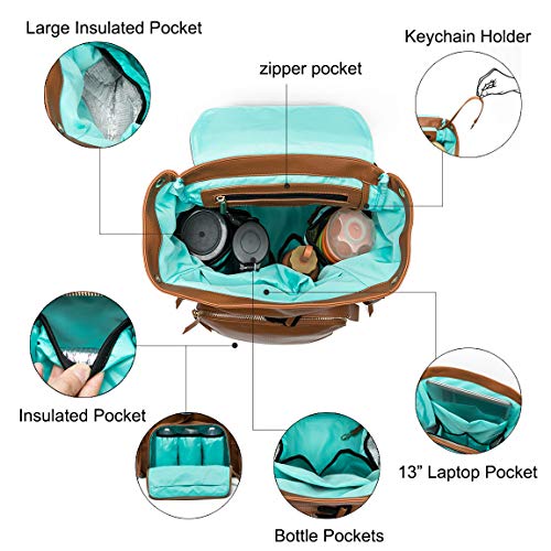 Diaper Bag Backpack by Mominside, Leather Backpack for Women, Travel Backpack Baby Bag with 15 Pockets, Changing Pad, Large Capacity for Wet Clothes, Breast Pump, Milk Bottle (Brown)