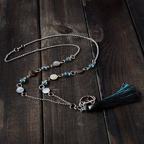 Crimmy - Women's Fashion Lanyards with ID Holder - 34'' Stainless Steel Chain Beaded ID Badge - Stronger Jewelry Lanyards with Convertable Tassle and ID Hook (quartz)