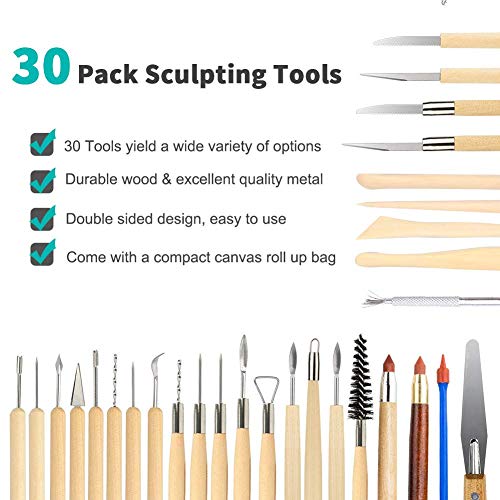 INTSUN 30 Pack Pottery Clay Sculpting Tools Ceramic Clay Tools Set Made of Durable Wood & Stainless Steel with Rolled-up Canvas Pouch for Polymer Clay Pottery Ceramic Art Craft