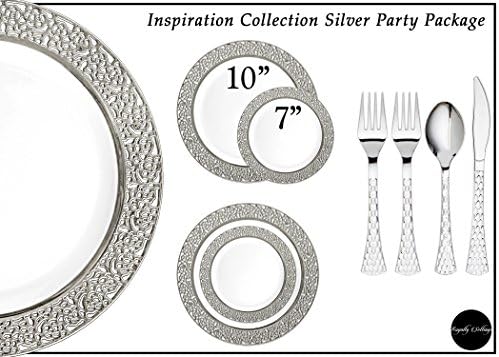 Royalty Settings Silver Inspiration Collection Lace Plastic Plates and Plastic Cutlery for 120 Persons, Includes 120 Dinner Plates, 120 Salad Plates, 240 Forks, 120 Knives, 120 Spoons, 60 Teaspoons