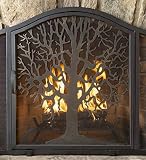 Plow & Hearth Large Tree of Life Metal Fireplace Screen with Single Hinged Door, Free Standing Spark Guard, 44 W x 33 H x 11.5 D, Black and Gold Flecked