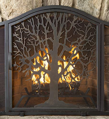 Plow & Hearth Large Tree of Life Metal Fireplace Screen with Single Hinged Door, Free Standing Spark Guard, 44 W x 33 H x 11.5 D, Black and Gold Flecked