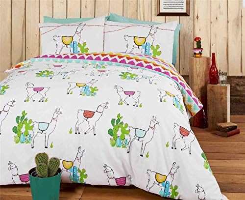 LLAMAS CACTI ZIG ZAG BLUE COTTON BLEND REVERSIBLE USA FULL (COMFORTER COVER 200 X 200 - UK DOUBLE) (PLAIN SILVER GREY FITTED SHEET - 137 X 191CM + 25 - UK DOUBLE) 4 PIECE BEDDING SET