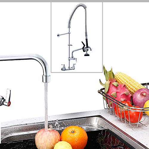 SEAAN Commercial Sink Faucet Wall Mount Pre-rinse Faucet 2 Handle Pulldown Kitchen Faucet with Sprayer- 36" Height 8" Center, 12" Add-on Spout, Chrome Finished, Heavy Duty