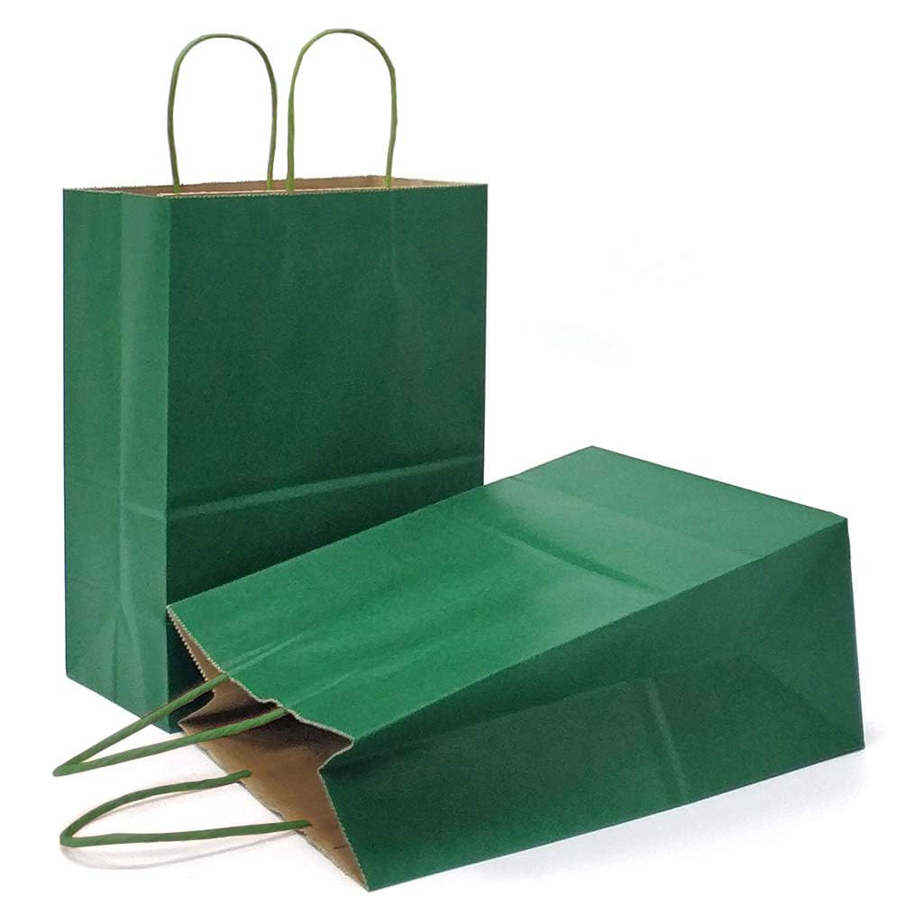 AZOWA Gift Bags Medium Green Kraft Paper Bags With Handles Set of 25 (27 x 22 x 11 CM, Green)